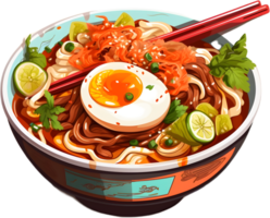 Ramen featuring tender pork slices in a flavorful broth, offers a well-balanced taste profile. AI Generative png