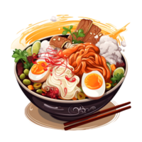 Ramen featuring tender pork slices in a flavorful broth, offers a well-balanced taste profile. AI Generative png