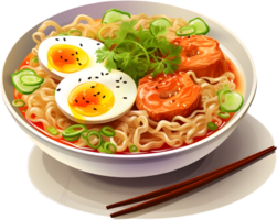 Ramen featuring tender pork slices in a flavorful broth, offers a well-balanced taste profile. AI Generative png