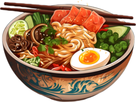 Ramen featuring tender pork slices in a flavorful broth, offers a well-balanced taste profile. AI Generative png