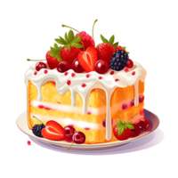 de kaka är Utsmyckad med en mängd av pålägg Inklusive jordgubbar, blåbär, och körsbär. dess en härlig medley av smaker, med skikten av vanilj grädde den där är doftande . generativ ai png