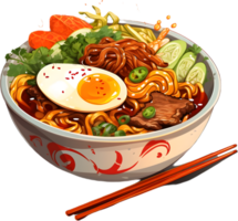 Ramen featuring tender pork slices in a flavorful broth, offers a well-balanced taste profile. AI Generative png