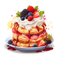 The pancake is adorned with a variety of toppings including strawberries, blueberries, and cherries. It's a delightful medley of flavors, with layers of vanilla cream that are fragrant . Generative AI png