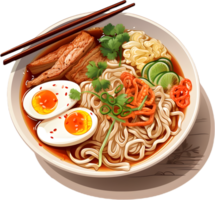 Ramen featuring tender pork slices in a flavorful broth, offers a well-balanced taste profile. AI Generative png