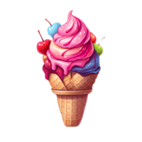 Ice cream, vibrant in colors, sweet, aromatic, and delicious, like a dream. Topped with cherry, green, and pink sherbet, it's a delightful and fresh treat that children adore.  AI Generative png