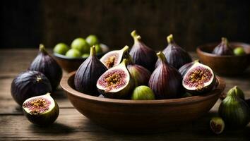 Figs. A few figs in a bowl on an old wooden background. Ai Generated photo