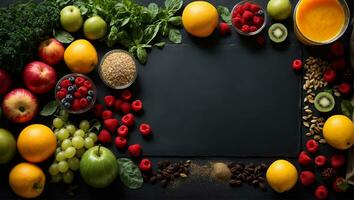 Food ingredients for blending smoothie or juice on painted glass over black chalkboard. Top view with copy space. Organic fruits, vegetables. Ai Generated photo