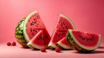 vistoso Fruta antecedentes de Fresco medio sandía en rosado antecedentes. ai generado foto