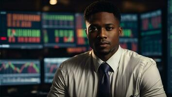 Portrait of Black Stock Market Trader Doing Analysis of Investment Charts, Graphs, Ticker Numbers Projected on His Face. African American Financial Analyst. Ai Generated photo