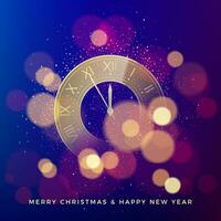 Golden Clock Dial on Magic Christmas Glitter Background with Bokeh. Vector illustration