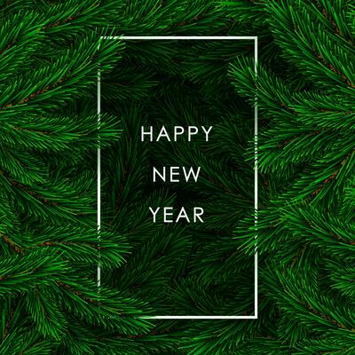 Happy New Year Banner. Fir branch backdrop with white frame. Christmas decoration element. Green colorful pine pattern. New Year tree branches background. Vector illustration