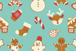 Winter seamless patterns with gingerbread cookies. Awesome holiday vector background. Christmas repeating texture for surface design, wallpapers, fabrics, wrapping paper etc. Vector illustration