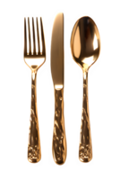 golden knife fork spoon set ,gold tableware ,cutlery isolated cut out ,generative ai png