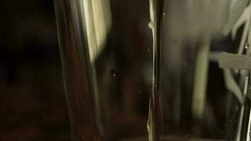 Closeup pouring lager into beer glass in apartment video