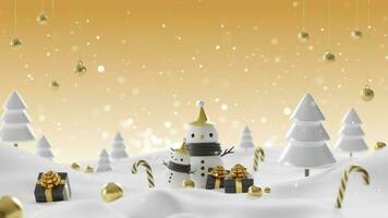 Cute snowman with gold christmas ball in bokeh snow background video