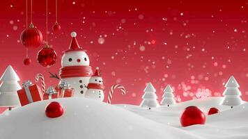 schattig sneeuwman met rood Kerstmis bal in bokeh sneeuw achtergrond video