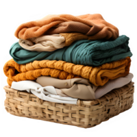 pile of clothes in a square wicker basket cut out isolated on transparent background ,generative ai png