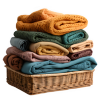 pile of clothes in a square wicker basket cut out isolated on transparent background ,generative ai png