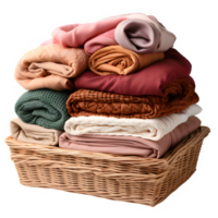 pile of clothes in a square wicker basket cut out isolated on transparent background ,generative ai png