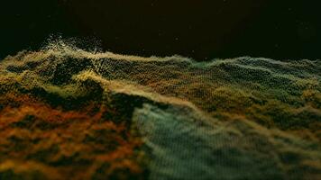 Abstract animated background with small particles in green-orange colors creating the effect of different heights of the landscape video