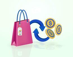 Money back. Shopping bag with discount, return arrow and coin elements. Online shopping theme, 3d vector suitable for business and asset design