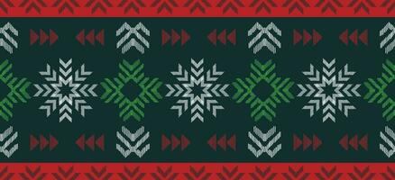 motivo Navidad étnico hecho a mano hermosa ikat Arte. Navidad antecedentes. gente bordado Navidad patrón, geométrico Arte ornamento impresión. rojo, verde, blanco colores. copo de nieve, estrella, flor de pascua diseño. vector