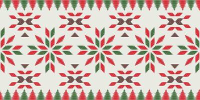 motivo Navidad étnico hecho a mano hermosa ikat Arte. Navidad antecedentes. gente bordado Navidad patrón, geométrico Arte ornamento impresión. rojo, verde, blanco colores. copo de nieve, estrella, flor de pascua diseño. vector