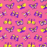 Seamless pattern with bright colorful butterflies on a pink background. vector