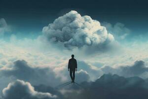 Man walk over clouds. Generate Ai photo