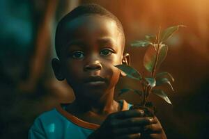 Black boy holding plant at sunlight. Generate Ai photo