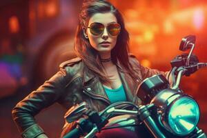 Beautiful biker woman colorful portrait. Generate AI photo