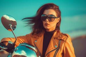 hermosa motorista mujer Gafas de sol. generar ai foto