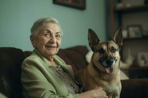 antiguo mujer con perro en sofá. generar ai foto