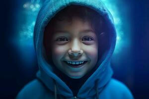 Child smiling blue aura happy. Generate Ai photo