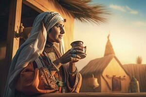 Emirate woman drinking coffee. Generate Ai photo