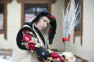 Baba Yaga. Fairy tale character evil grandmother from Russian fairy tale. Halloween costume. photo
