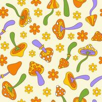 Floral hippie seamless pattern with mushrooms and daisy flowers on a beige background. Groovy retro vintage print in style 70s, 80s. Vector illustration