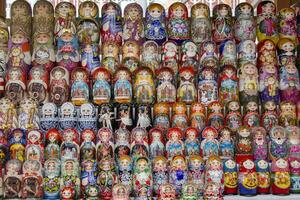 Moscow, June 08, 2018. Central market.Background of colorful Russian dolls on the market.Russian traditional Matryoshka souvenirs at the fair photo