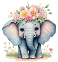 söt tecknad serie elefant med blommor på huvud. ai generativ png