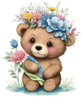 fofa desenho animado Urso com flores em cabeça. ai generativo png