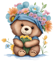fofa desenho animado Urso com flores em cabeça. ai generativo png