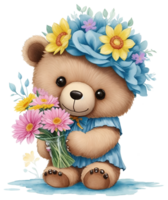 linda dibujos animados oso con flores en cabeza. ai generativo png