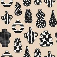 Abstract seamless pattern with cartoon vases isolated on a beige background. Vector illustration