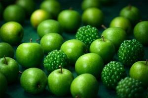 repeating seamless pattern tile, green fruits, dark green background. Ai Generated photo