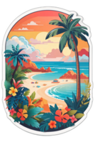 etichetta esotico floreale Paradiso su un' bellissimo spiaggia trasparente sfondo ai generativo png