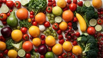 pattern of various fresh vegetables and fruits isolated on white background, top view, flat lay. Composition of food, concept of healthy eating. Food texture. Ai Generated photo