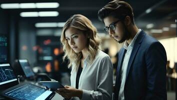 Portrait of Two Creative Young Female and Male Engineers Using Tablet Computer to Analyze and Discuss How to Proceed with the Artificial Intelligence Software. Ai Generated photo