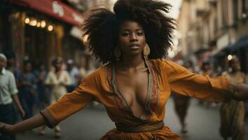image of Afro woman dance on street. Ai Generated photo