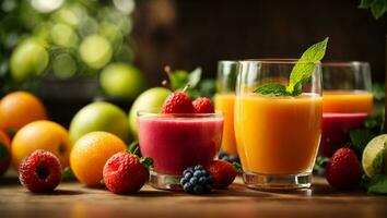 dulce verano Fresco jugo Fruta fondo, verano alimento. ai generado foto