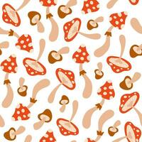 Floral seamless pattern with cute mushrooms on a white background. Groovy retro vintage print in style 70s, 80s. Vector illustration